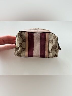 Gucci Beige GG Canvas Cosmetic Pouch with Pink and Burgundy Web